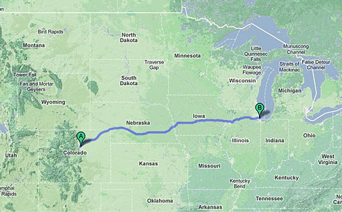 North America Map showing Route from Denver to Chicago